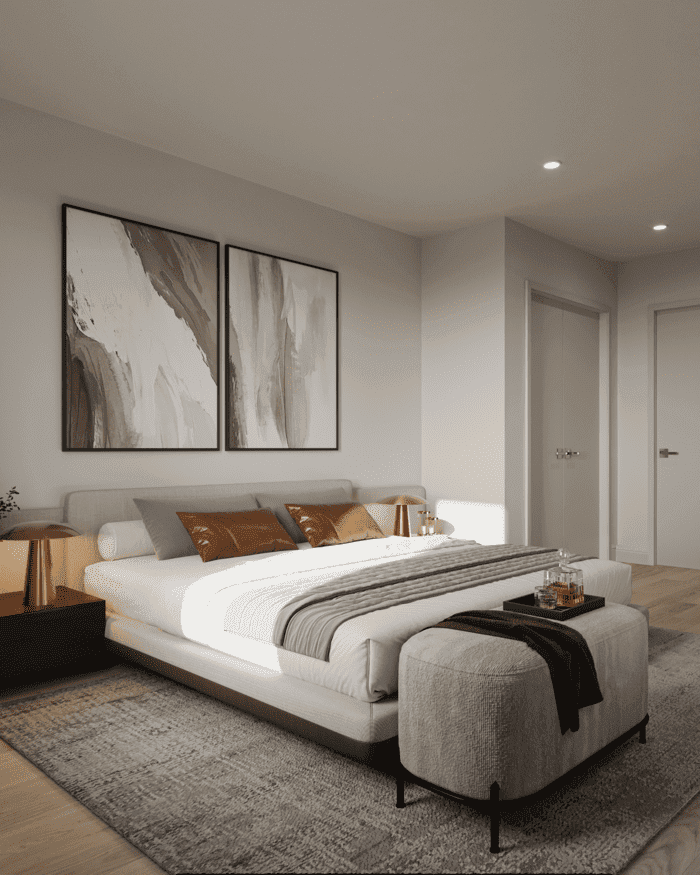 Minimalist bedroom with a neatly made bed, abstract art on the wall, and ambient lighting.